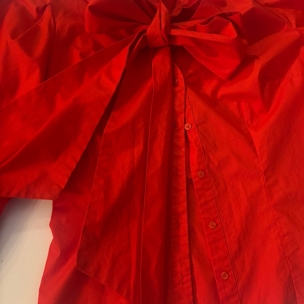 Ladies Medium New York & Company Scarlet Red Top Blouse with Elegant Bow - Picture 3 of 8